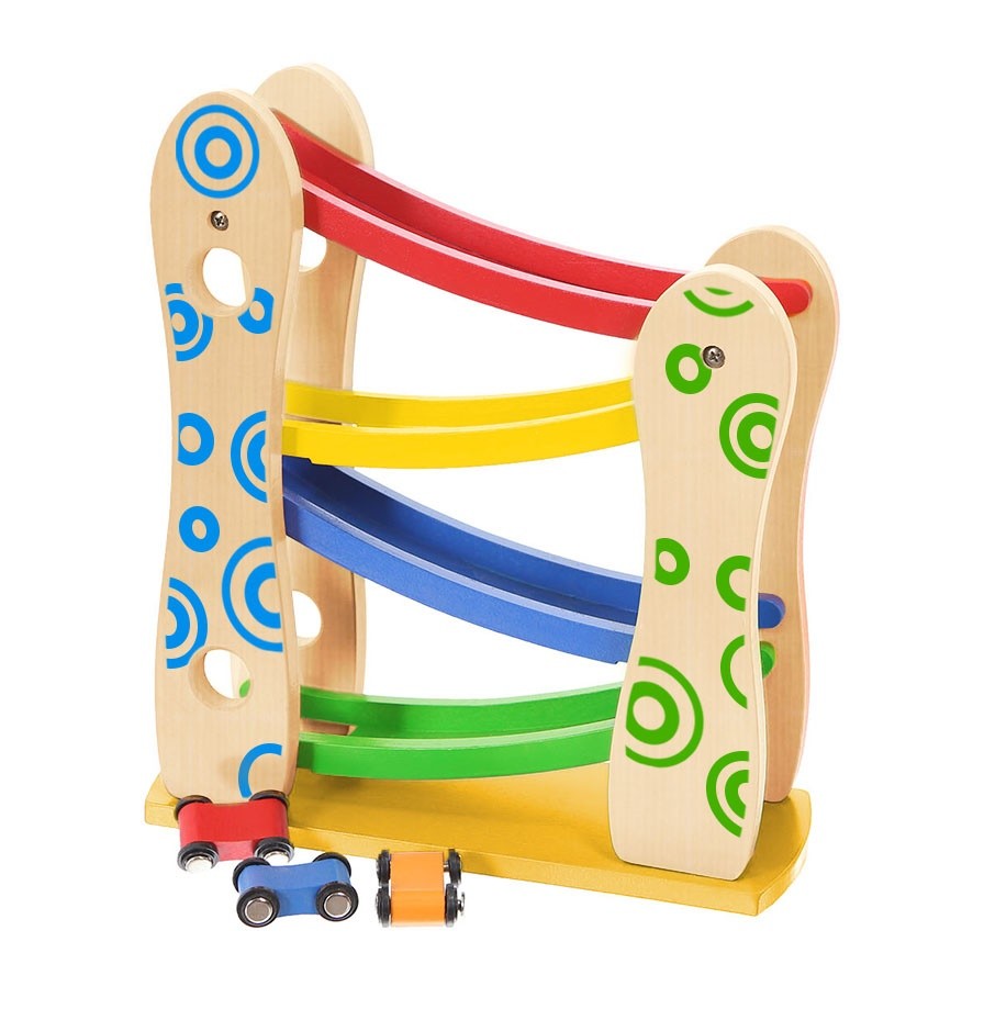 Pistă de tobogan din lemn + 3 mașini de jucărie Ecotoys